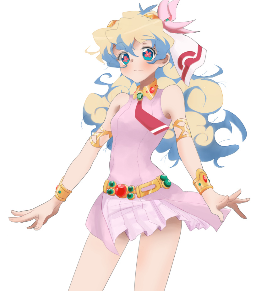 +_+, 1girl, armlet, azucham, belt, bracelet, flower, hair_flower, hair_ornament, highres, jewelry, long_hair, multicolored_hair, nia_teppelin, skirt, smile, solo, symbol-shaped_pupils, tengen_toppa_gurren_lagann, two-tone_hair, young