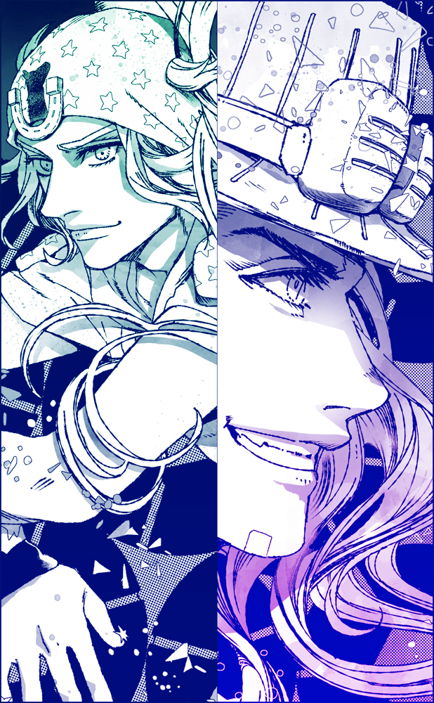 2boys, beard, facial_hair, grin, gyro_zeppeli, hat, horseshoe, johnny_joestar