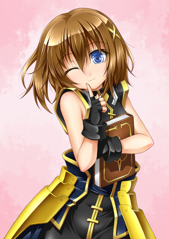 1girl, armor, bare_shoulders, blue_eyes, book, brown_hair, fingerless_gloves, gloves