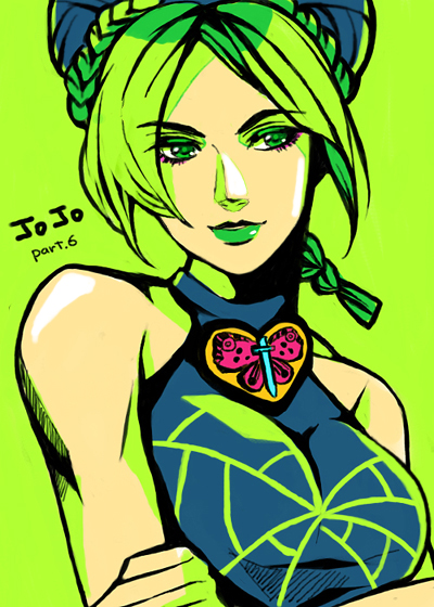 1girl, braid, double_bun, green_eyes, green_hair, hidaka_(azurite), jojo_no_kimyou_na_bouken, kuujou_jolyne