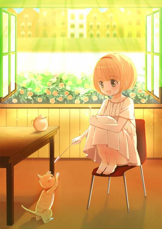 1girl, barefoot, blonde_hair, blush, cat, chair, flower, green_eyes, hairband, happy, mikeseneko, original, sitting, solo