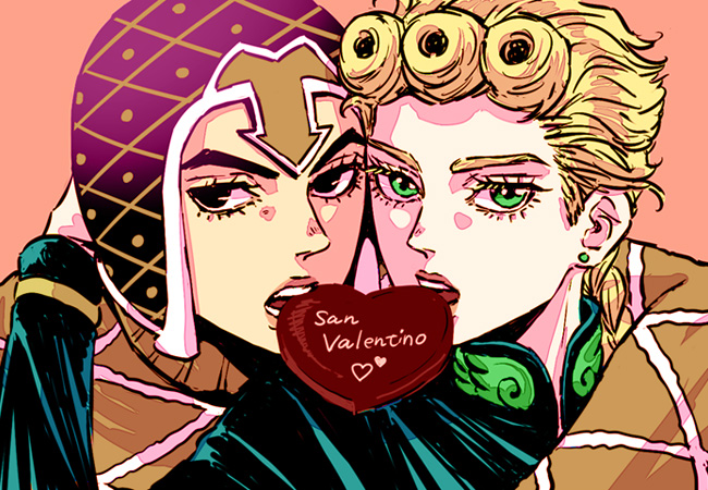 2boys, black_eyes, blonde_hair, chocolate, chocolate_heart, giorno_giovanna, green_eyes, guido_mista
