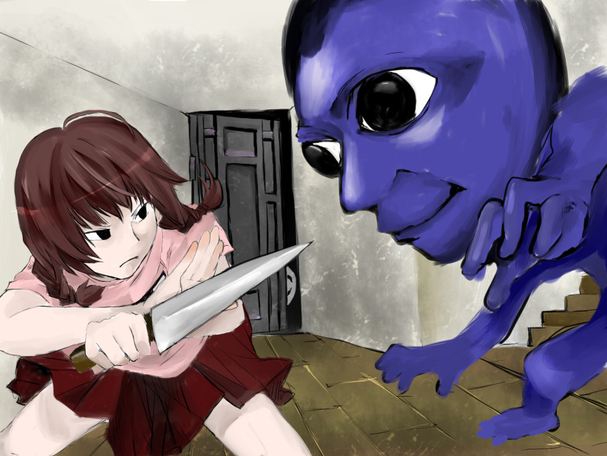 1girl, ao_oni, black_eyes, braid, brown_hair, crossover, door, ears