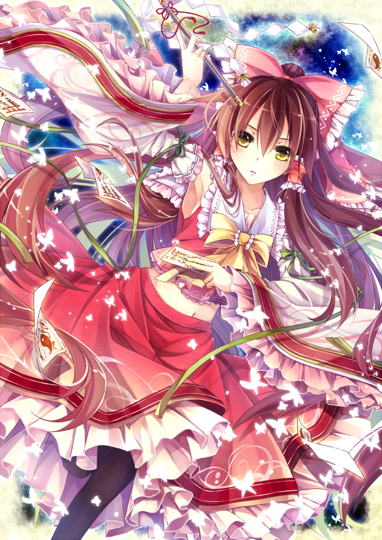 1girl, black_legwear, bow, brown_hair, detached_sleeves, frills, gohei, hair_bow