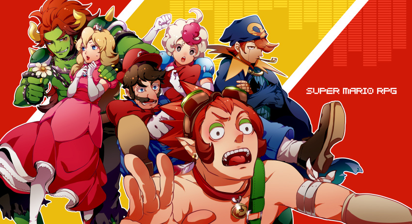 1girl, 5boys, bell, blonde_hair, bowser, bowyer, brown_hair, collar