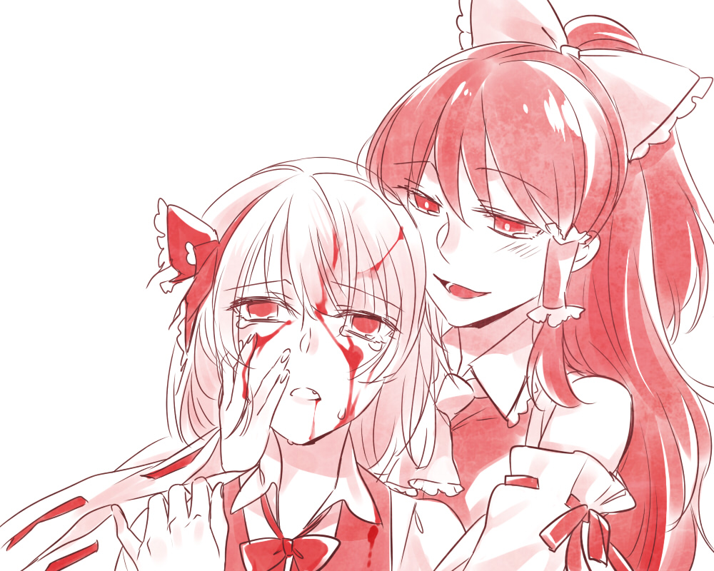 2girls, akaya, blood, bow, hair_bow, hairband, hakurei_reimu, konpaku_youmu