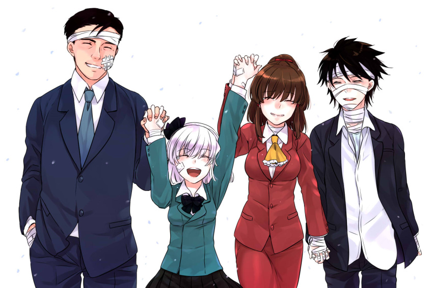2boys, 2girls, akaya, alternate_costume, bandages, black_hair, brown_hair, closed_eyes