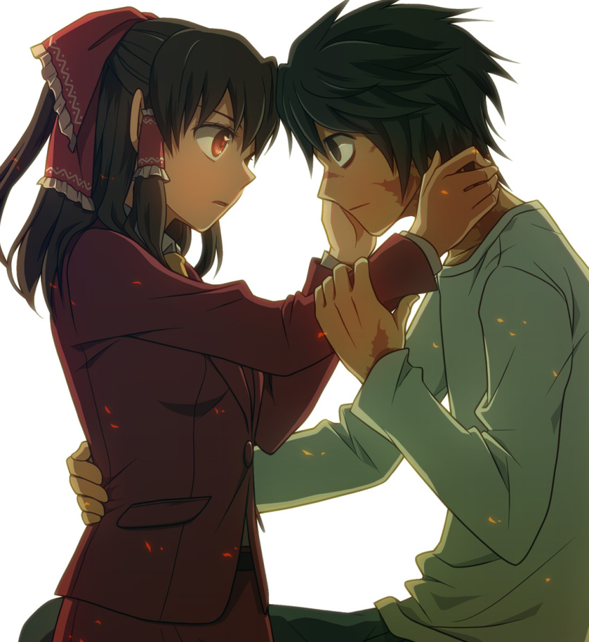 1boy, 1girl, black_hair, brown_hair, crossover, fireflies, forehead-to-forehead, hair_ribbon, hakurei_reimu, highres, l, long_hair, red_eyes, ribbon, scar, snowchild, spoilers, yukkuri_youmu_to_hontou_wa_kowai_cthulhu_shinwa