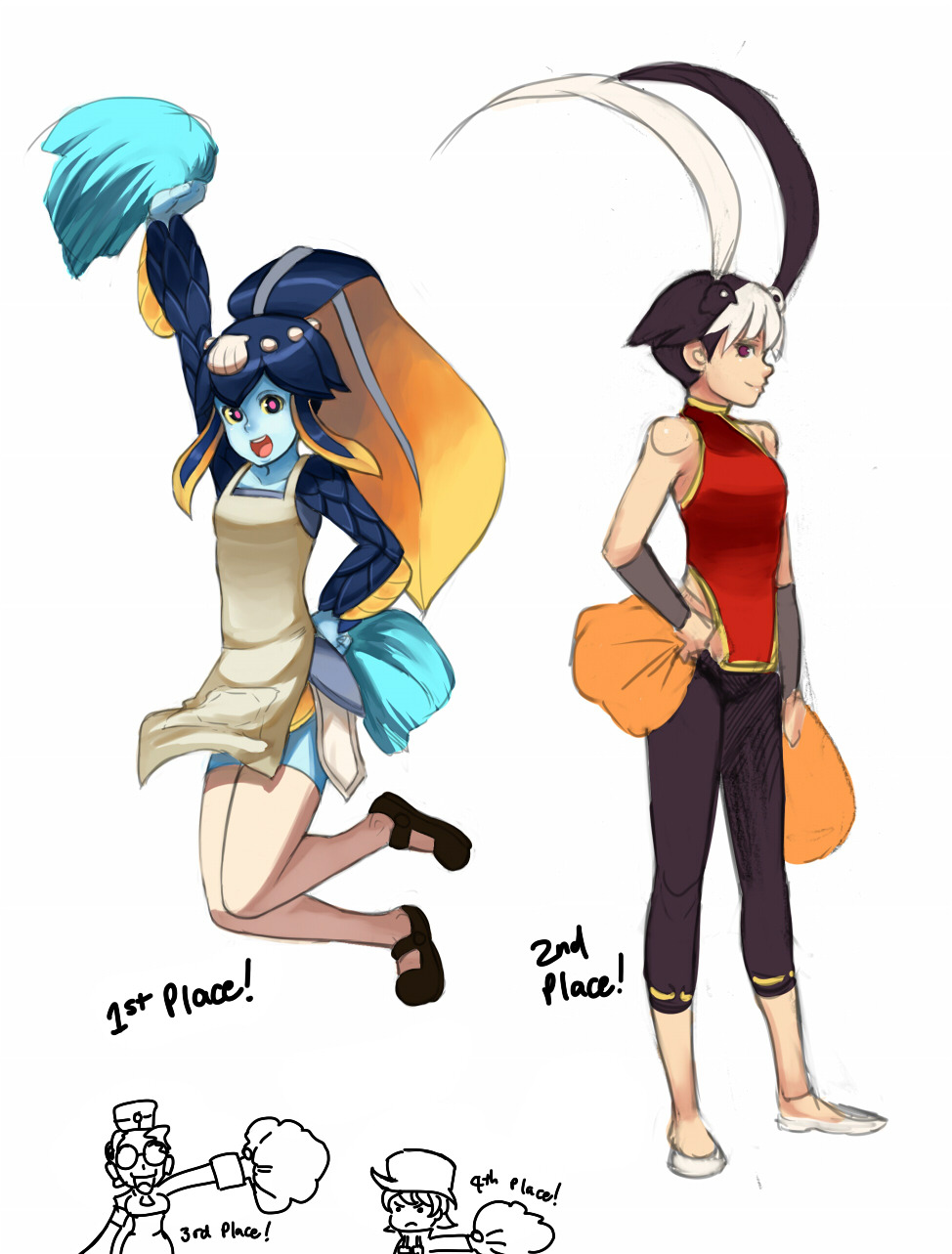 2girls, animal_on_head, apron, artist_request, bangs, bare_shoulders, bird, bird_on_head