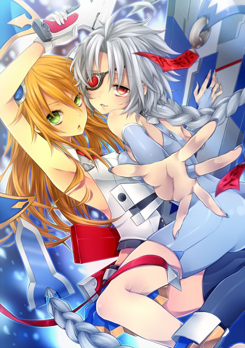 2girls, ahoge, bare_shoulders, black_legwear, blade, blazblue, blonde_hair, blush