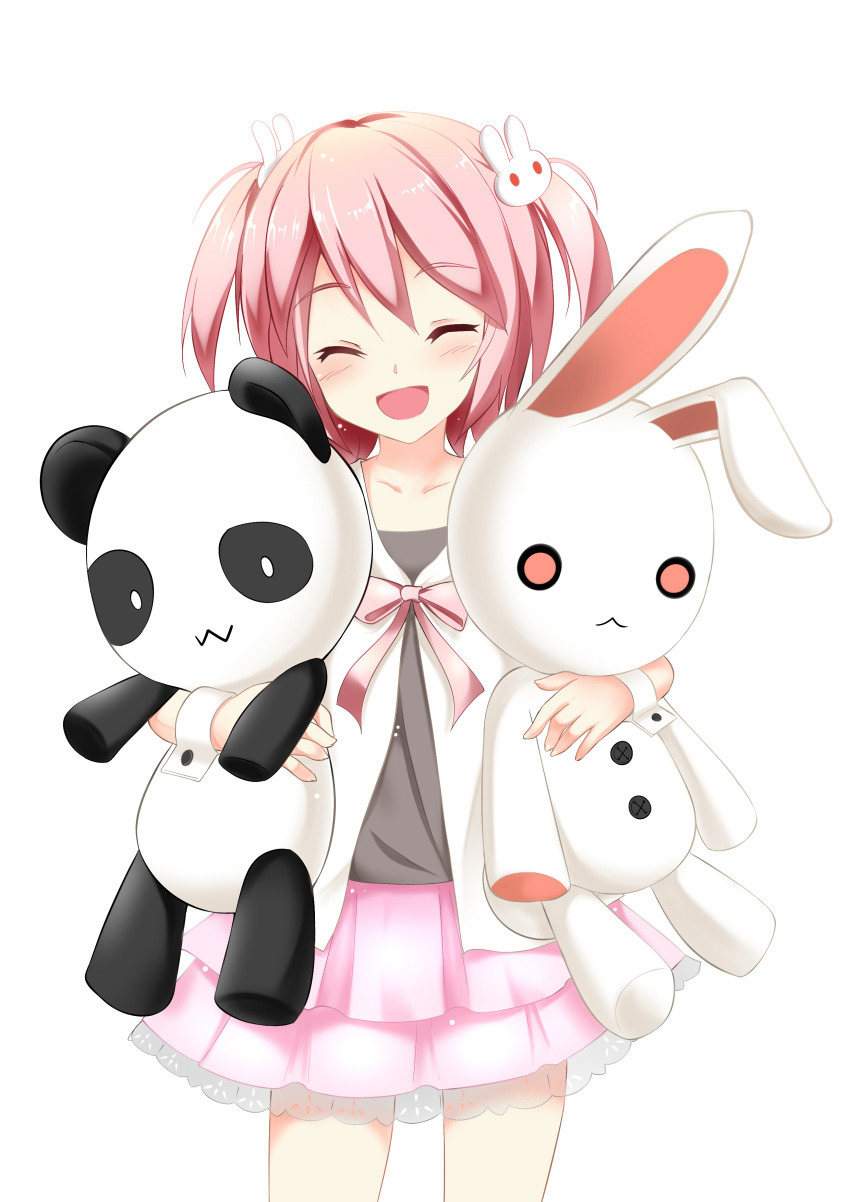 1girl, :3, absurdres, bunny_hair_ornament, catstudioinc_(punepuni), closed_eyes, collarbone, doll_hug, dress, hair_ornament, highres, o_o, open_mouth, original, panda, pink_hair, shirt, simple_background, skirt, smile, solo, stuffed_animal, stuffed_bunny, stuffed_panda, stuffed_toy, twintails, white_background, wrist_cuffs
