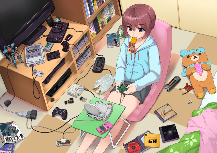 1girl, brown_hair, eating, eva_02, game_boy, highres, hoodie, jacket
