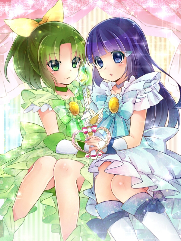 2girls, aoki_reika, arm_warmers, blue_dress, blue_eyes, blue_hair, boots, choker
