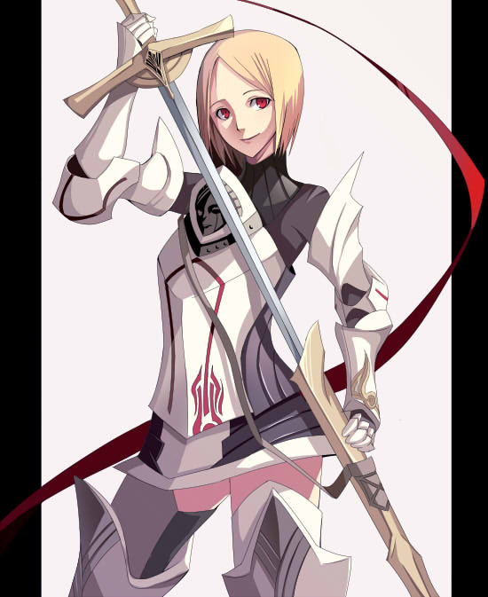 1girl, armor, blonde_hair, km_(artist), original, scabbard, sheath, short_hair