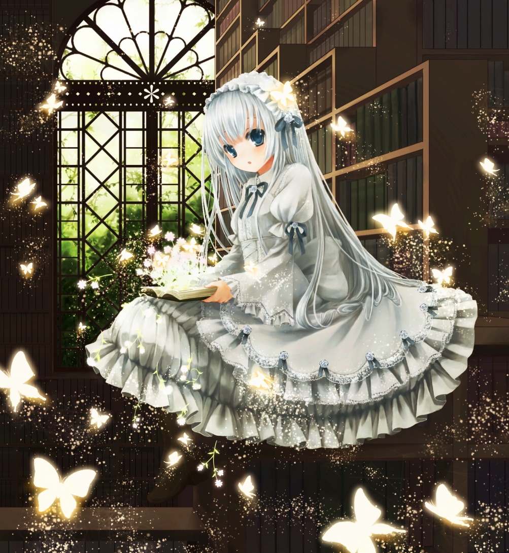 1girl, blue_eyes, blush, book, bow, butterfly, coluel, dress