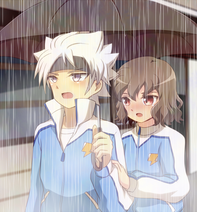 2boys, brown_hair, headband, ibuki_munemasa, inazuma_eleven_(series), inazuma_eleven_go, inazuma_eleven_go_galaxy, lightning_bolt