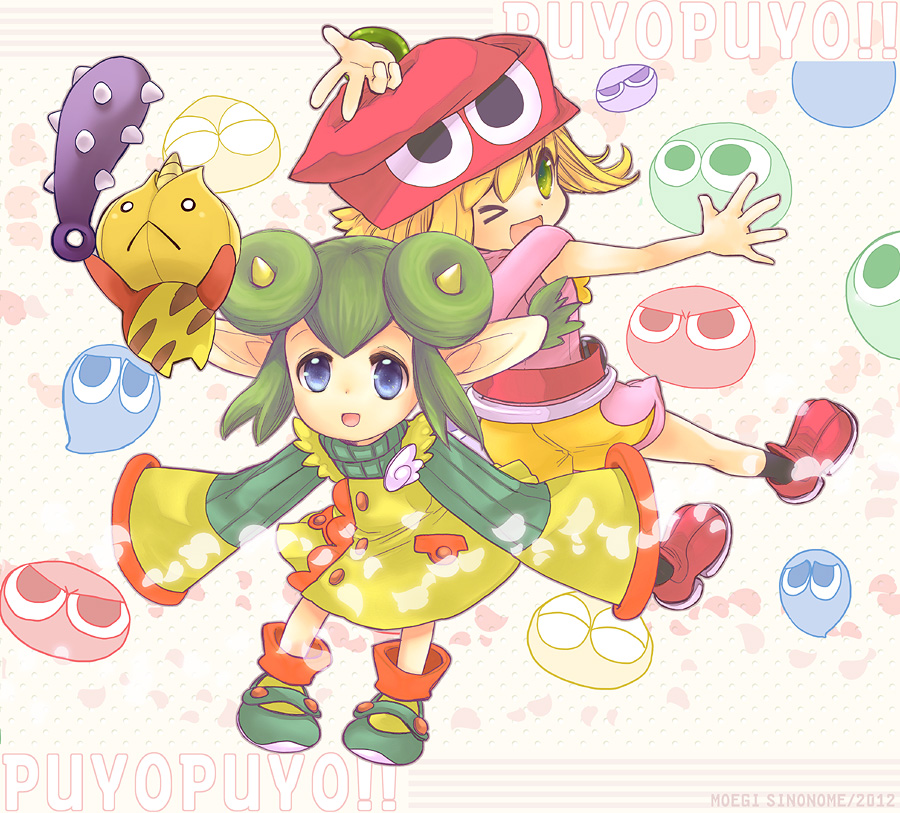 2012, 2girls, :<, amitie, amitie_(puyopuyo), artist_name, blonde_hair, blue_eyes