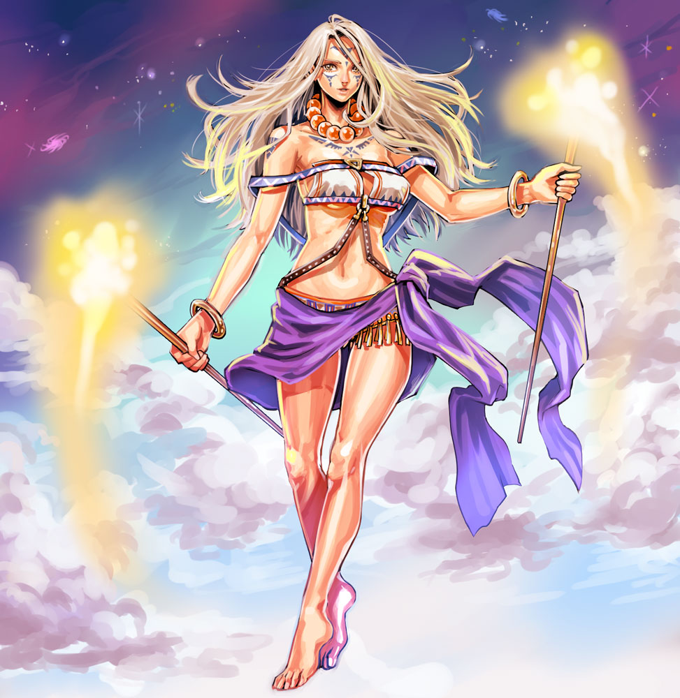1girl, barefoot, facepaint, facial_mark, jewelry, joey_joey_joey, legs, long_hair