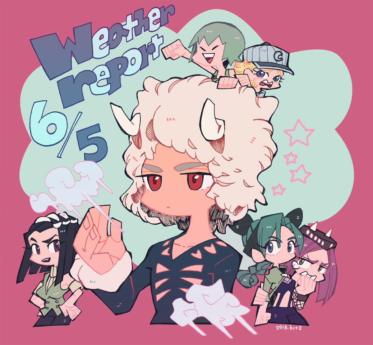 3boys, 3girls, baseball_cap, bitz777, chibi, emporio_alnino, foo_fighters, fur_hat