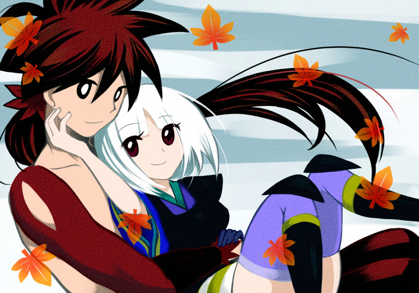 1boy, 1girl, bob_cut, brown_hair, couple, hand_on_another's_face, highres, hug, hug_from_behind, katanagatari, keishi_(trap), leaf, long_hair, maple_leaf, ponytail, red_eyes, shirtless, short_hair, smile, thigh-highs, togame, white_hair, yasuri_shichika