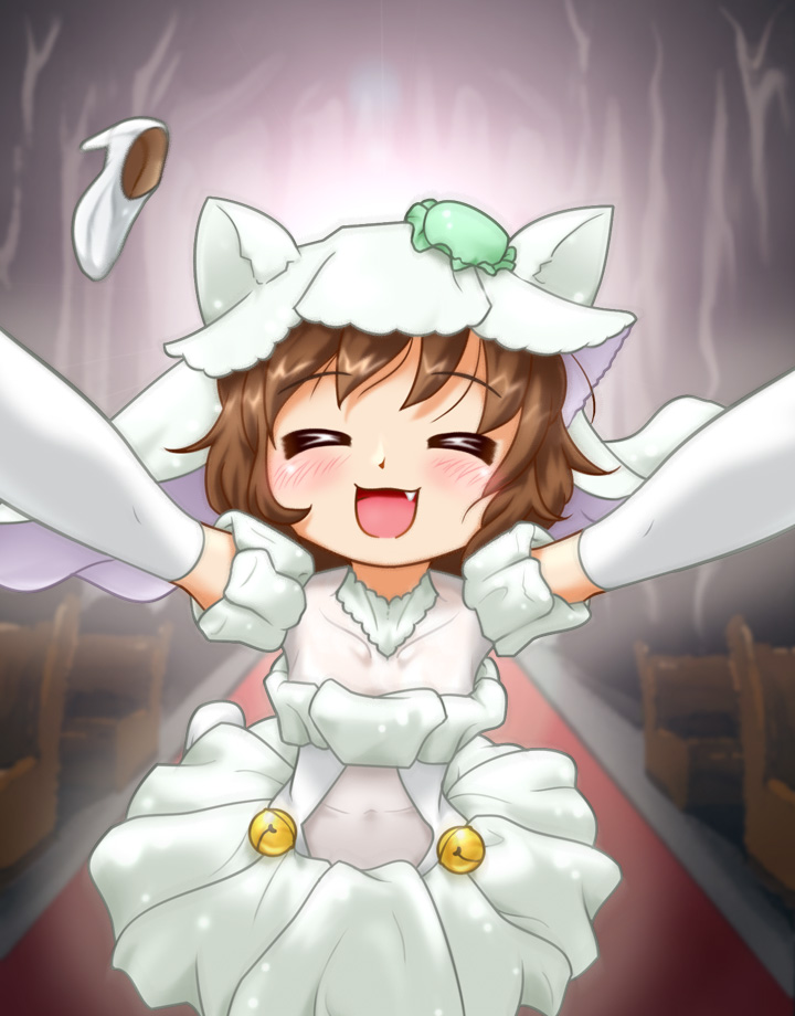 1girl, alternate_costume, backlighting, bell, blush, bride, brown_hair, carpet, chen, closed_eyes, dress, elbow_gloves, facing_viewer, fang, fujimiya_kikyou, gloves, hat, hat_with_ears, incoming_hug, interior, jingle_bell, mob_cap, open_mouth, outstretched_arms, shoes_removed, short_hair, short_sleeves, solo, spread_arms, touhou, wedding_dress