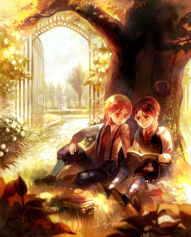 2boys, blonde_hair, blue_eyes, book, brown_hair, child, dio_brando, gate, glenn343434, jojo_no_kimyou_na_bouken, jonathan_joestar, multiple_boys, necktie, red_eyes, suspenders, young