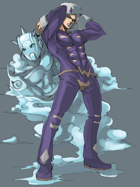 2boys, arimi_rio_(baubau), fur_hat, hat, horns, jojo_no_kimyou_na_bouken, lipstick, makeup