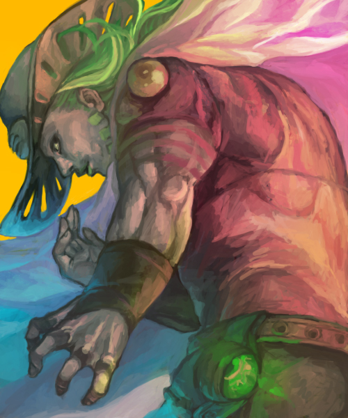1boy, beard, cape, facial_hair, green_hair, gyro_zeppeli, hat, jojo_no_kimyou_na_bouken