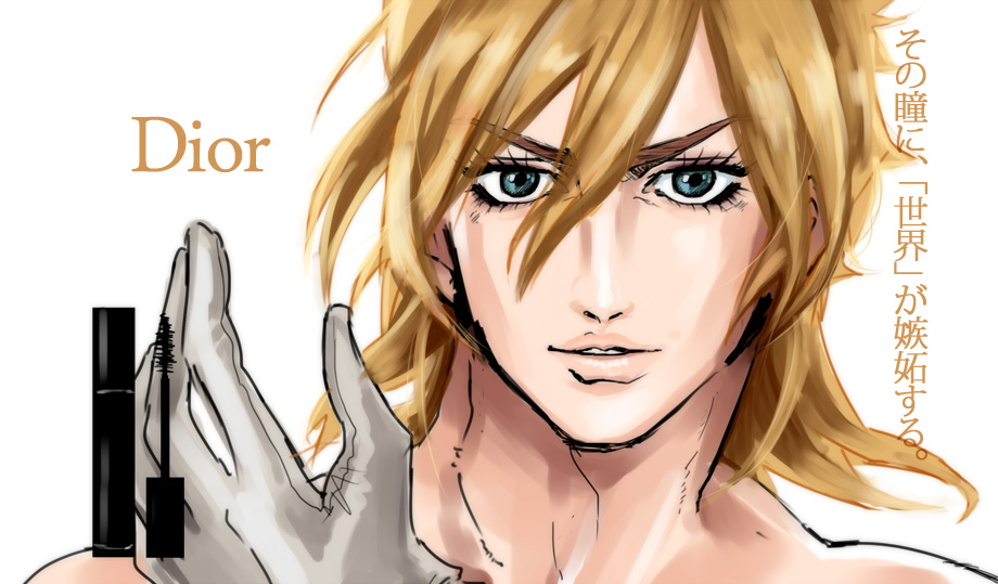 1boy, blonde_hair, blue_eyes, diego_brando, gloves, jojo_no_kimyou_na_bouken, makeup, namesake, nao_(n0803), pun, solo, steel_ball_run