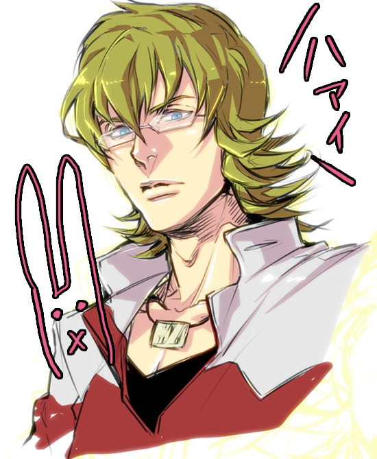1boy, barnaby_brooks_jr, blonde_hair, blue_eyes, glasses, jacket, kimigatame, red_jacket