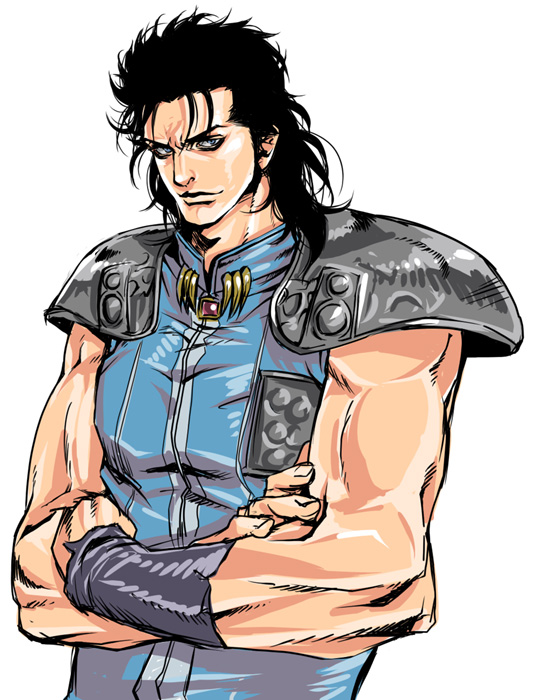 1boy, black_hair, blue_eyes, crossed_arms, hokuto_no_ken, kimigatame, long_hair, manly