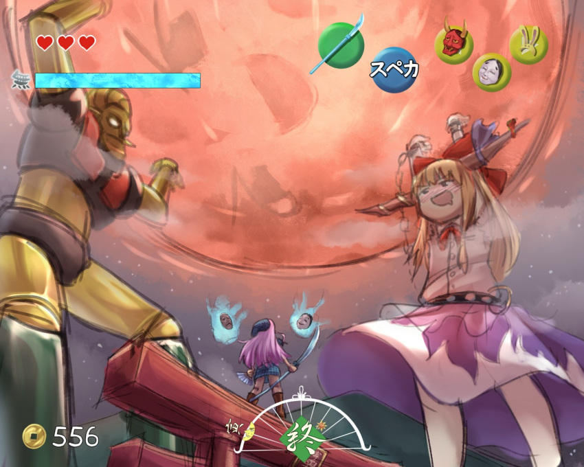 2girls, blonde_hair, drunk, fake_screenshot, hata_no_kokoro, hisou_tensoku, horns, ibuki_suika, long_hair, majora's_mask, mask, moon, multiple_girls, ne, polearm, ribbon, shiteitte, spear, tatsumoto, the_legend_of_zelda, touhou, weapon, yukkuri_shiteitte_ne