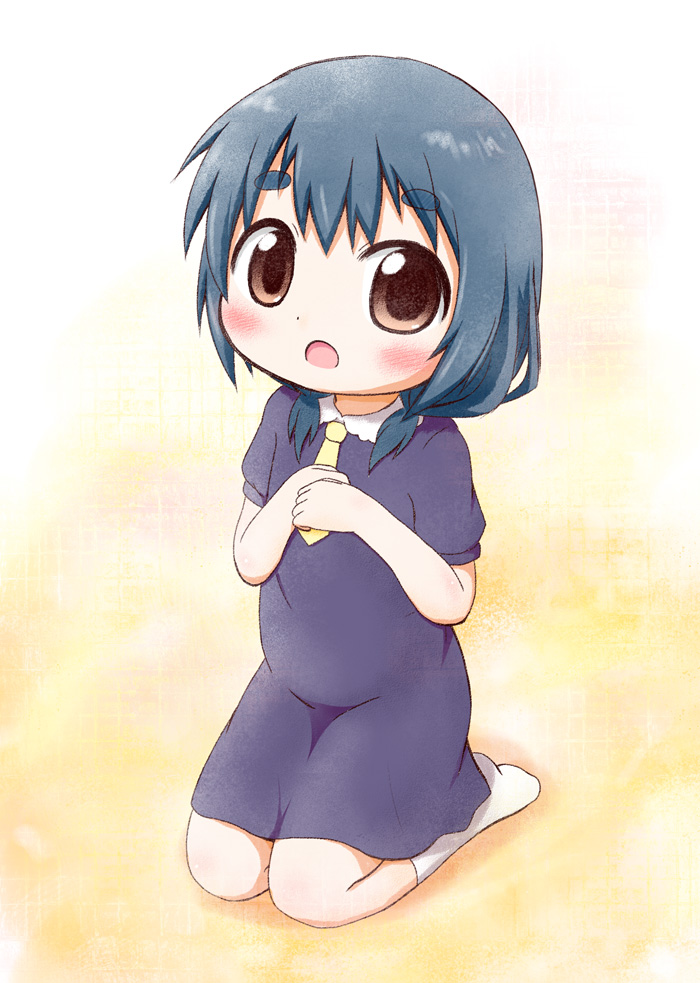 1girl, aoba_(kona), blue_hair, braid, brown_eyes, child, furutani_kaede, kneeling