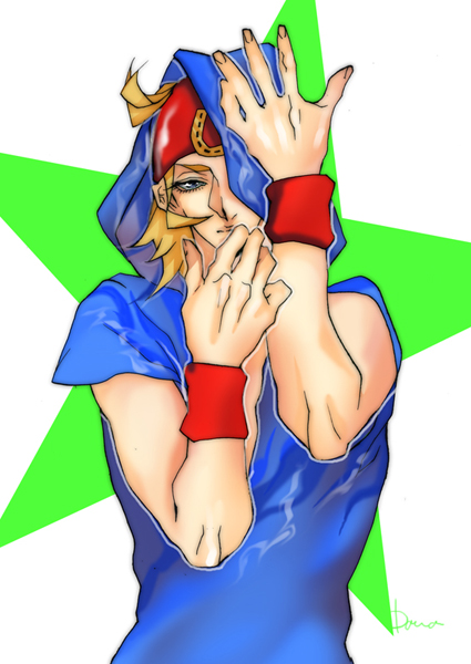 1boy, beanie, blonde_hair, blue_eyes, dasumidara, hat, hood, hoodie