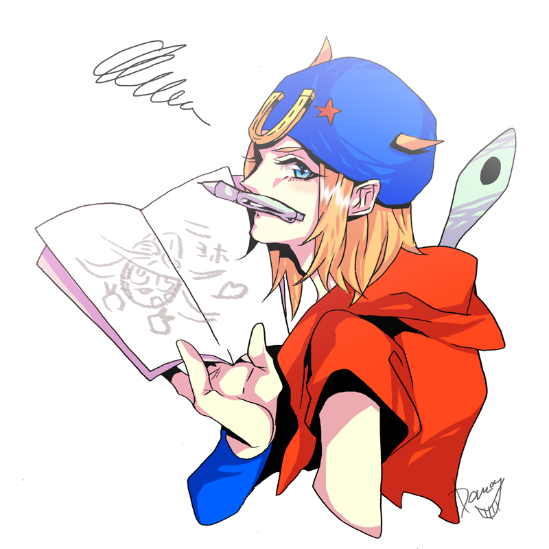 1boy, beanie, blonde_hair, blue_eyes, dasumidara, drawing, feathers, gyro_zeppeli, hat, hoodie, johnny_joestar, jojo_no_kimyou_na_bouken, pen, solo, steel_ball_run