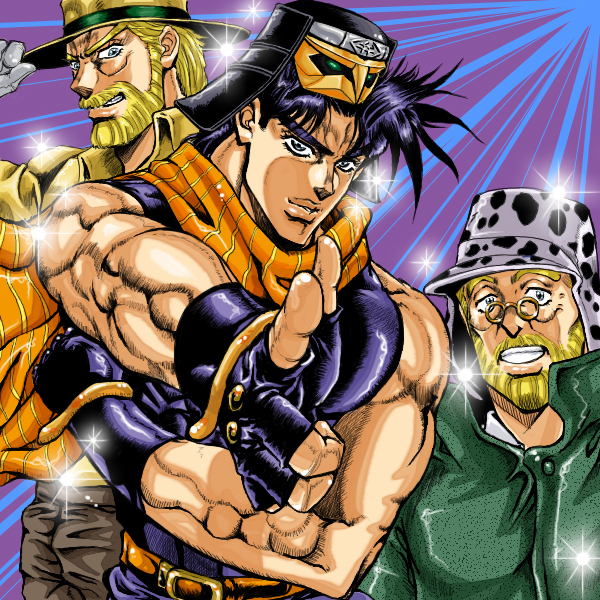 3boys, battle_tendency, black-son, black_hair, blonde_hair, bomber_hat, deneb, diamond_wa_kudakenai
