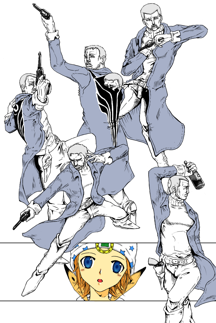 blonde_hair, blue_eyes, eleven_men_(jojo), feathers, gun, haou_airen, hat, horseshoe, johnny_joestar, jojo_no_kimyou_na_bouken, karaage_(109810981098), parody, stand_(jojo), tattoo_you, weapon