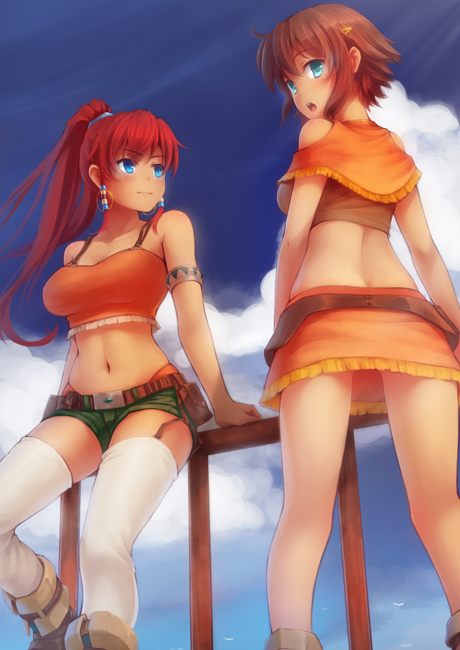 amy_(suisei_no_gargantia), armlet, bare_shoulders, bellows_(suisei_no_gargantia), blue_eyes, breasts, brown_hair, clouds
