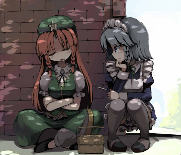 basket, beret, braid, gatau, hat, hong_meiling, izayoi_sakuya, knife