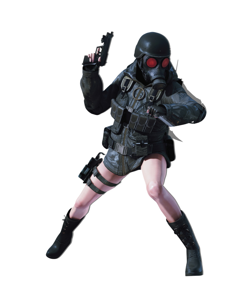 1girl, absurdres, boots, elbow_pads, gas_mask, gloves, gun, handgun