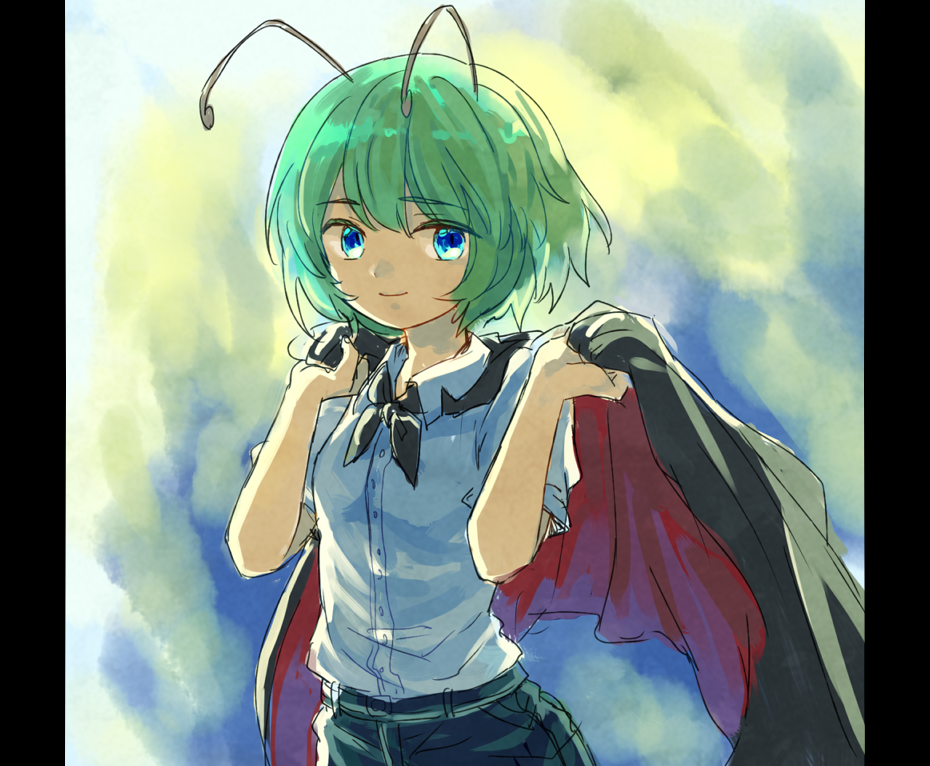 1girl, antennae, blue_eyes, cape, furorida, green_hair, looking_at_viewer, pants, shirt, short_hair, short_sleeves, smile, solo, touhou, wriggle_nightbug