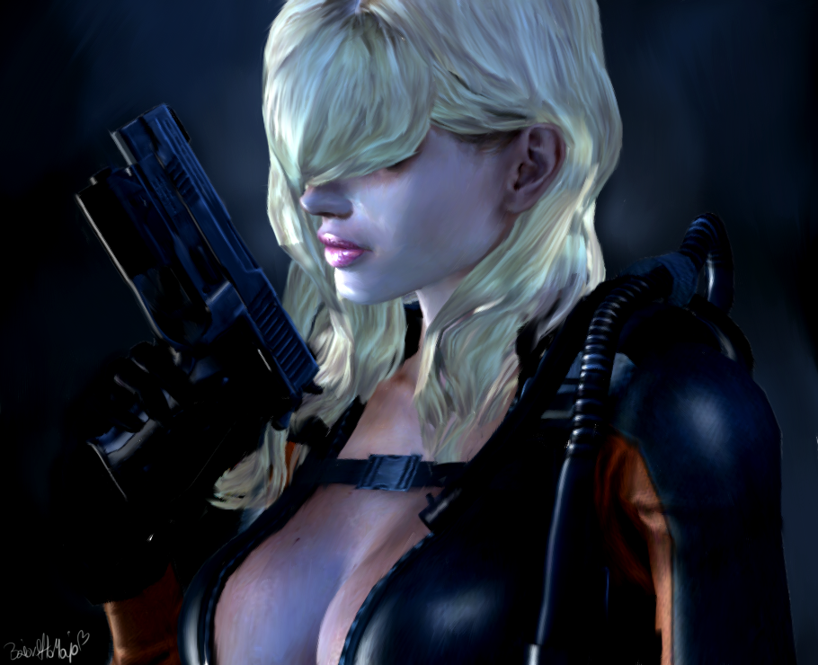 1girl, blonde_hair, bodysuit, breasts, center_opening, cleavage, gun, hair_over_eyes, handgun, lipstick, makeup, rachael_foley, resident_evil, resident_evil_revelations, weapon