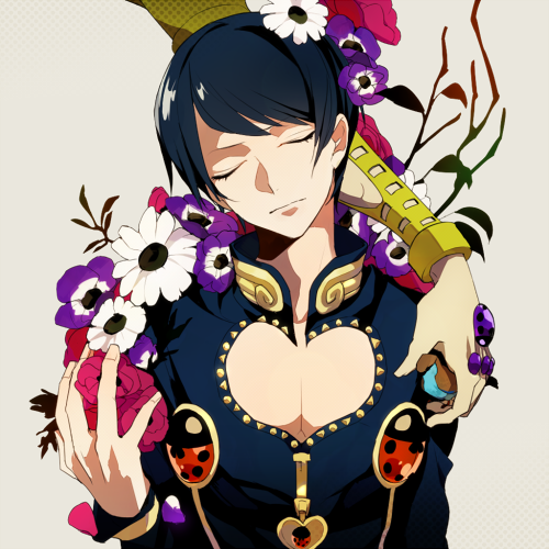 1boy, black_hair, closed_eyes, flower, giorno_giovanna, gold_experience, jojo_no_kimyou_na_bouken, ladybug