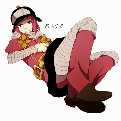 1girl, boots, flower, hat, hot_pants_(sbr), jojo_no_kimyou_na_bouken, lowres, redhead, redlark_(r083), short_hair, solo, steel_ball_run