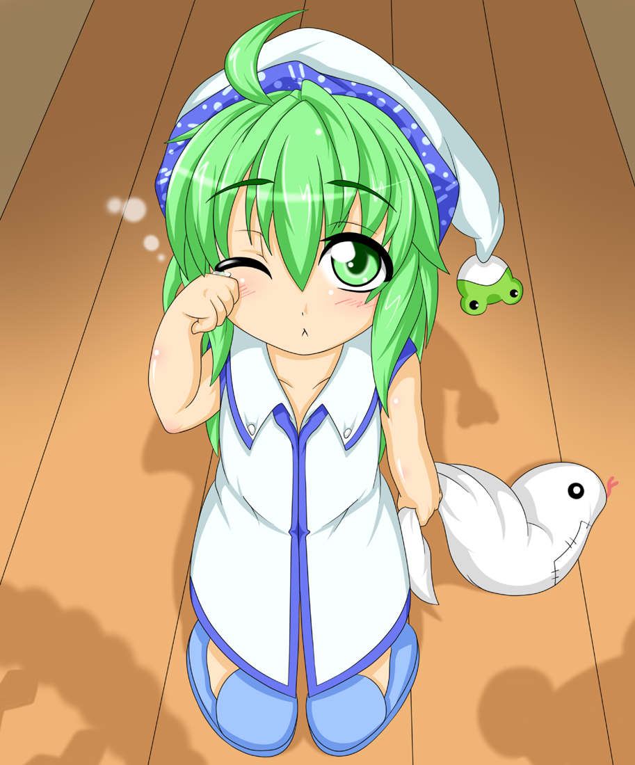 1girl, :<, child, frog, green_eyes, green_hair, hat, kochiya_sanae, kokujuuji, moriya_suwako, nightgown, rubbing_eyes, shadow, shimenawa, slippers, solo, stuffed_animal, stuffed_snake, stuffed_toy, touhou, wink, yasaka_kanako, young