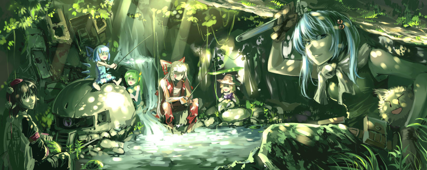 6+girls, :d, alternate_costume, black_hair, blonde_hair, blue_eyes, blue_hair, bow