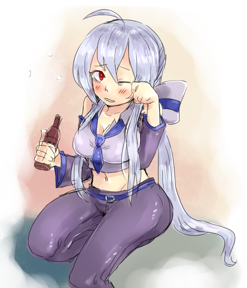 1girl, ahoge, beer, blush, bottle, breasts, cleavage, crying