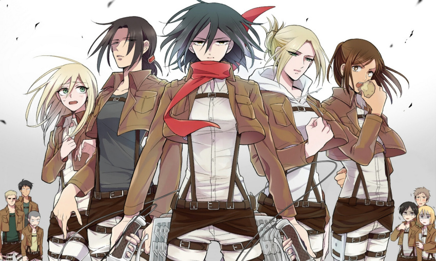 13hbcop, annie_leonhardt, armin_arlert, belt, bertholt_fubar, black_eyes, black_hair, blonde_hair, brown_hair, christa_renz, conny_springer, dual_wielding, eren_jaeger, jacket, jean_kirchstein, mikasa_ackerman, multiple_girls, potato, reiner_braun, sasha_browse, scarf, shingeki_no_kyojin, short_hair, sword, thigh_strap, weapon, ymir_(shingeki_no_kyojin)