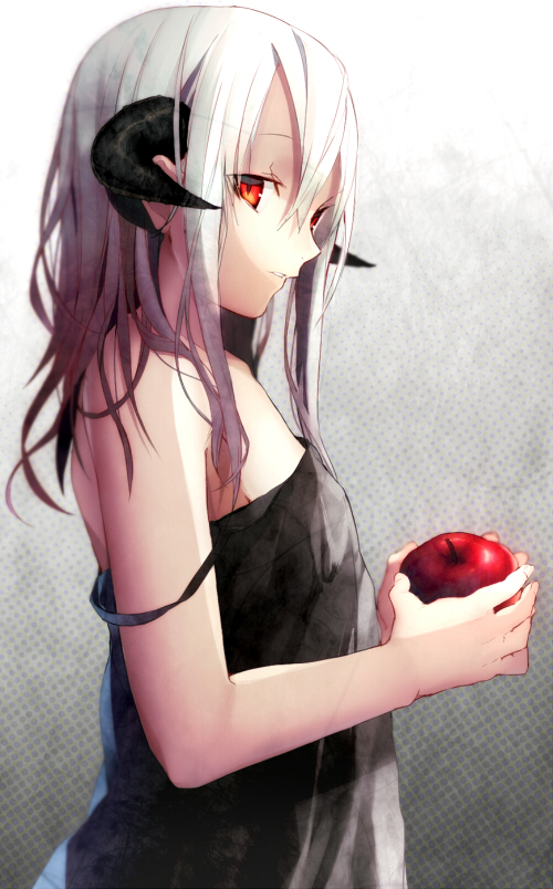 1girl, apple, bare_shoulders, black_dress, dress, food, fruit, holding