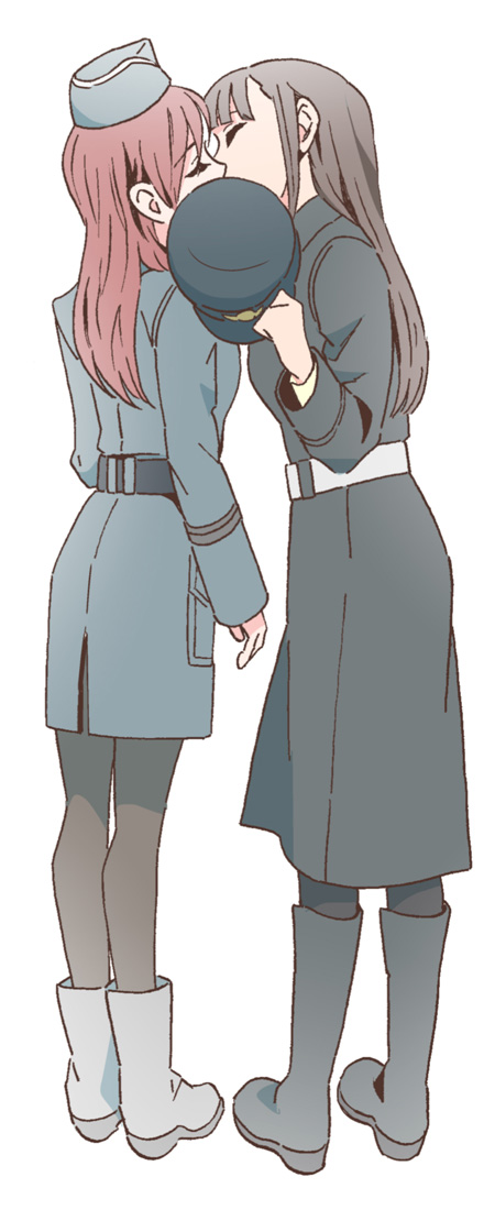 2girls, black_hair, black_legwear, boots, closed_eyes, fio88, french_kiss, hat